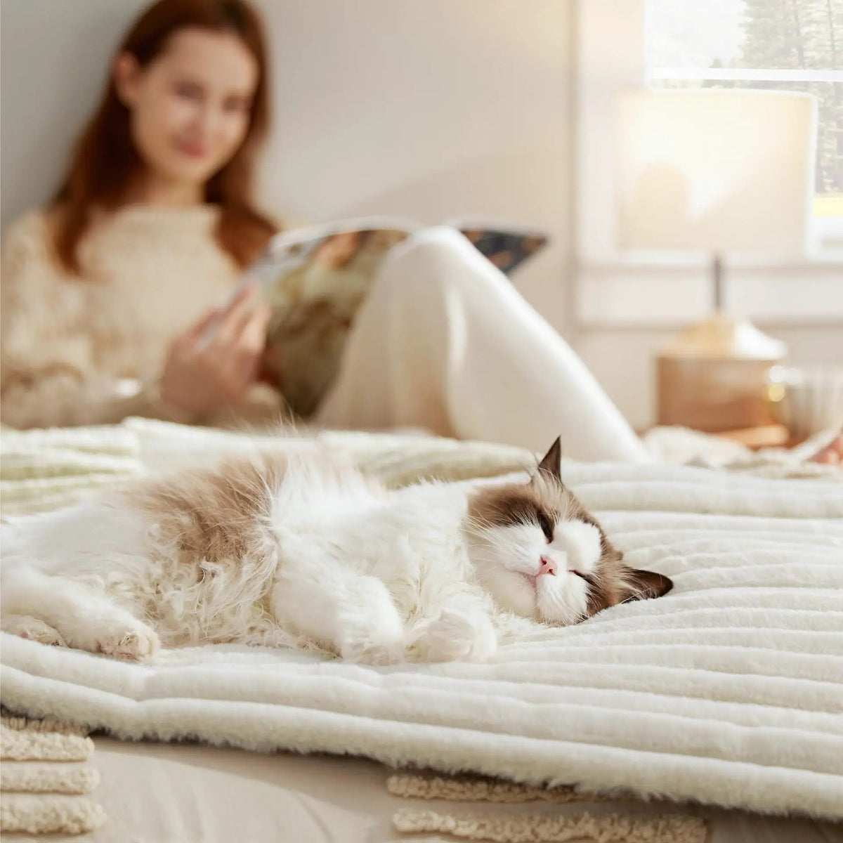 Self-Warming Pet Mat by AdTec; thick corduroy fleece, cream color, cozy cat sleeping on it