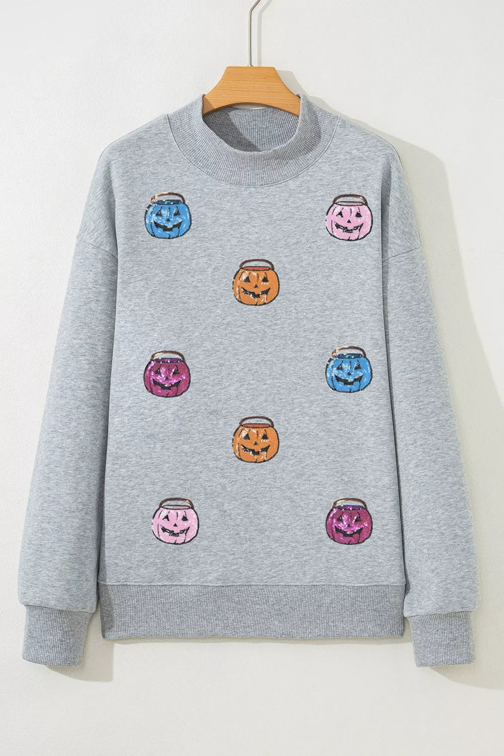 Trendsi gray Halloween pumpkin long-sleeve sweatshirt with multicolor jack-o-lantern prints