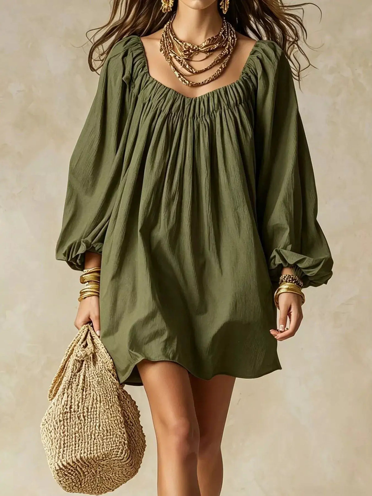 Flowy Balloon Sleeve Mini Dress in olive green with gathered neckline