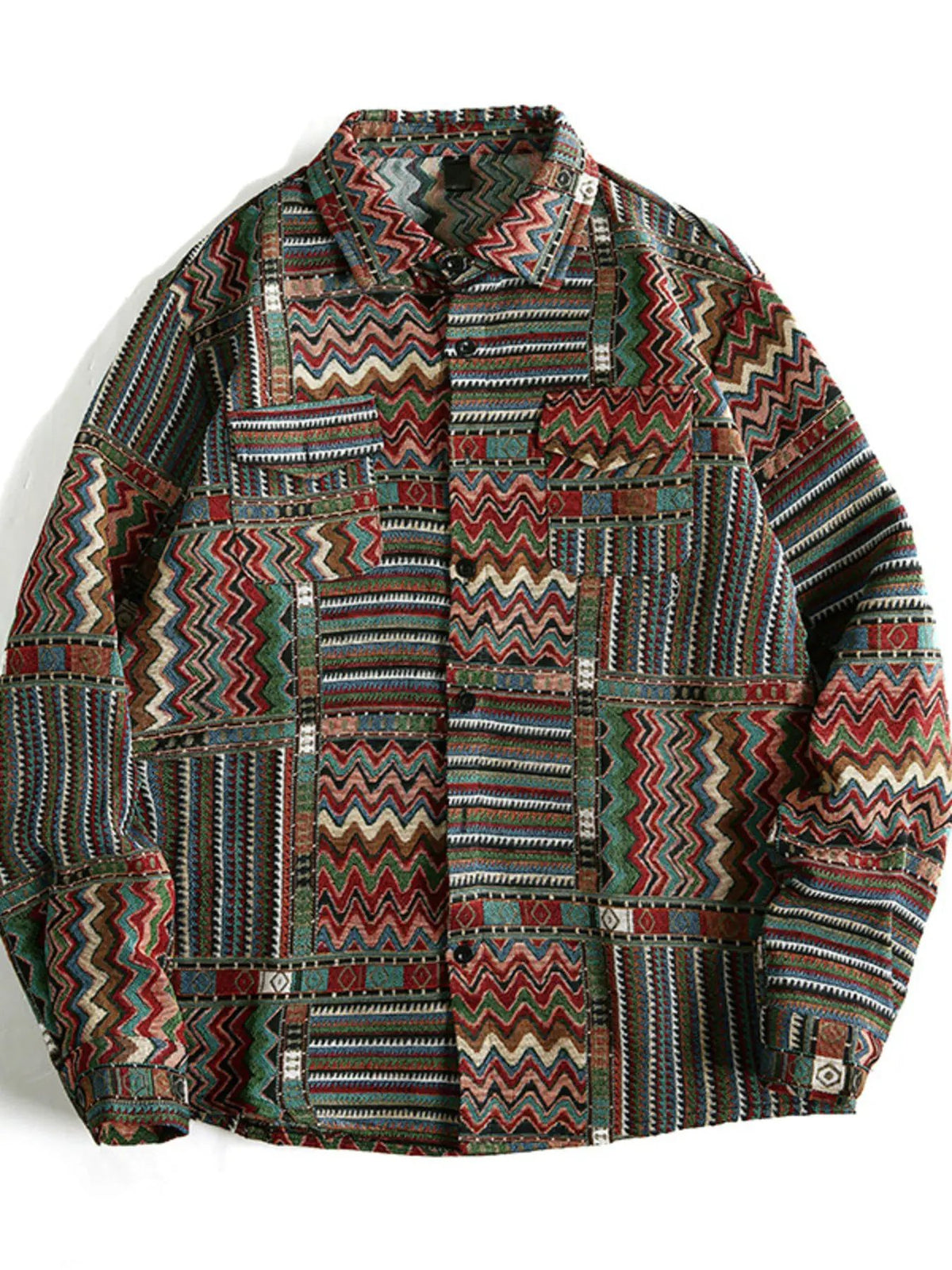 Men's Geometric Button Up Shacket with multicolor zigzag patchwork print