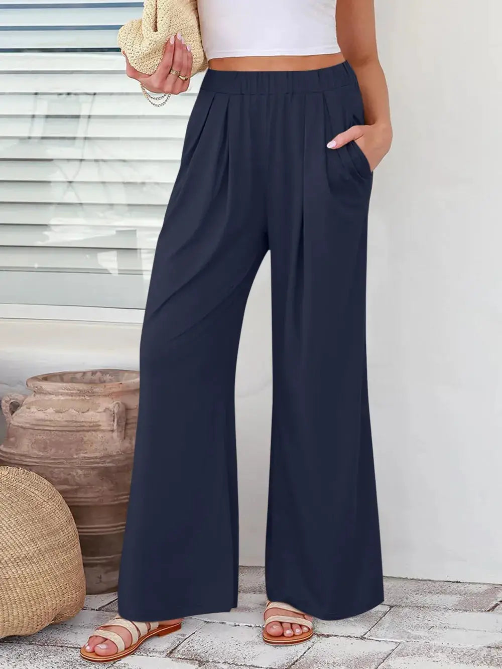 Elastic Waist Wide Leg Palazzo Pants in navy, full-length women's trousers