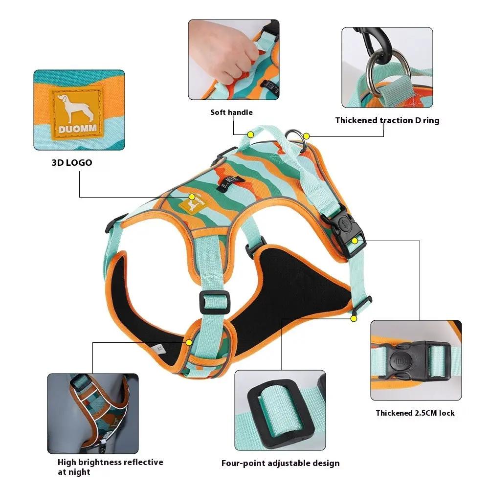 Dog chest and back reflective commuter harness in teal/orange with soft handle and DUOMM logo patch.