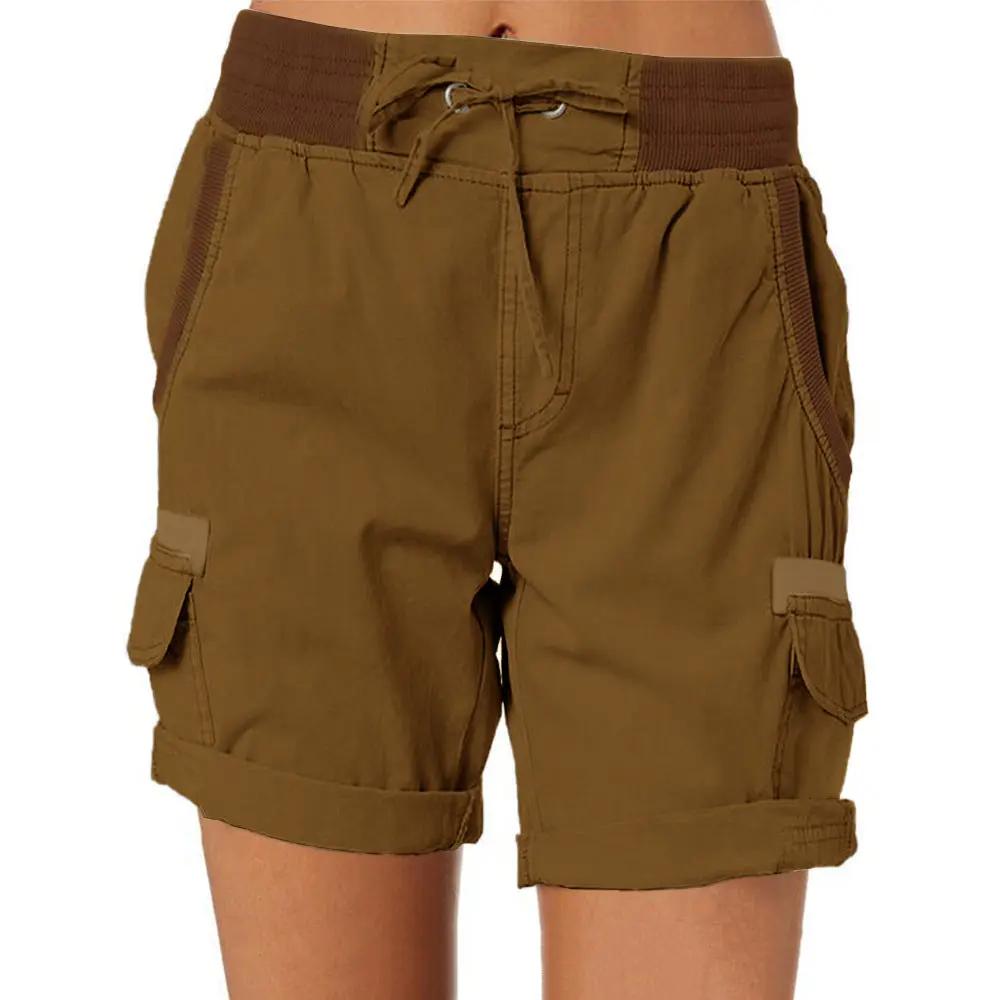 Lightweight women's cargo shorts in khaki brown with drawstring waist and deep cargo pockets