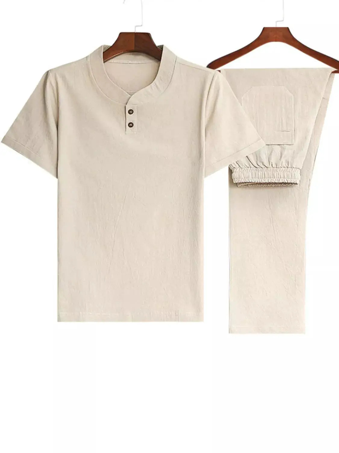 Men's beige short-sleeve top and matching pants set with three-button placket for casual daily wear