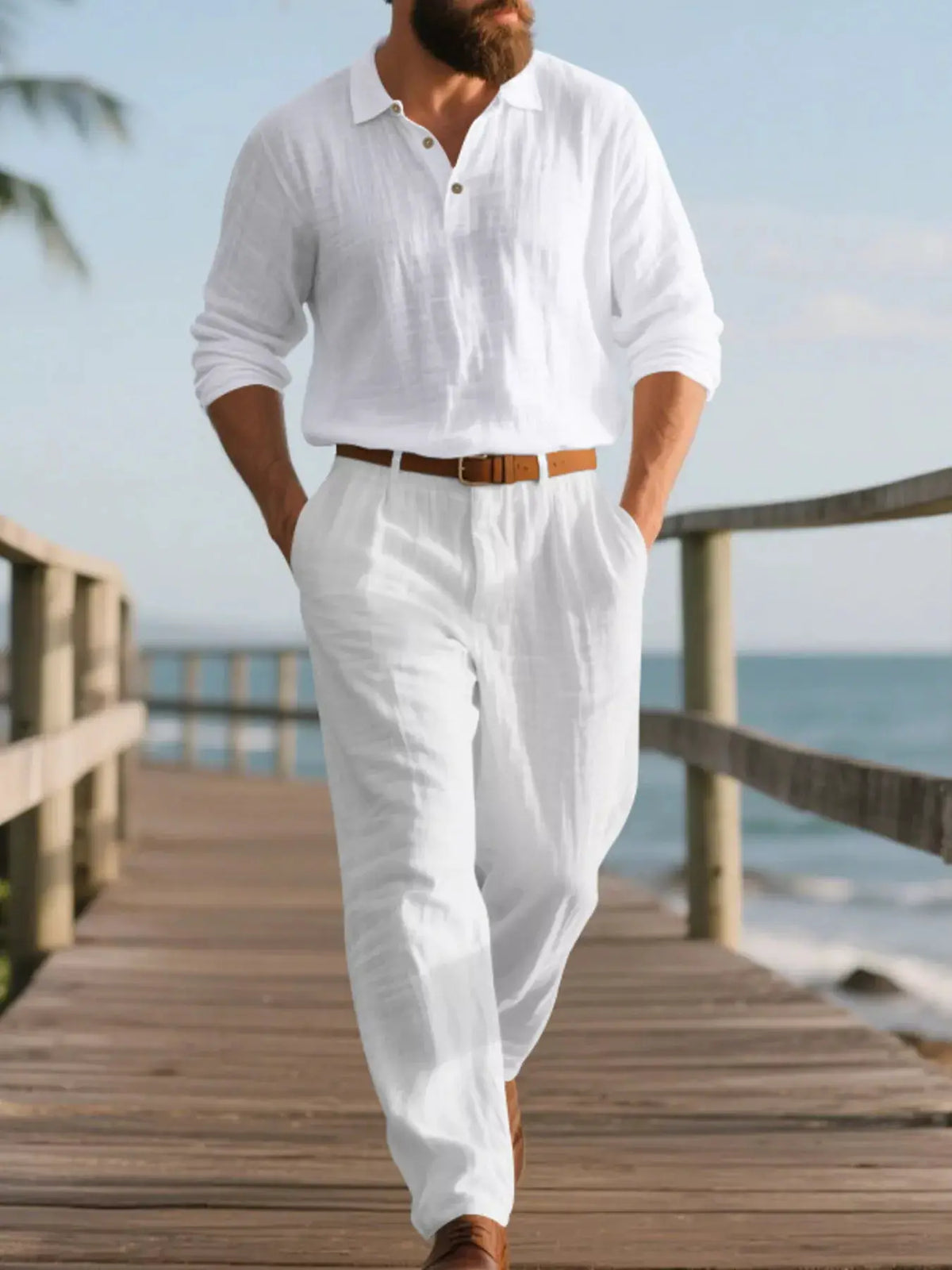 Mens Plus-Size Linen Matching Top and Pants Set in white by Trendsi.