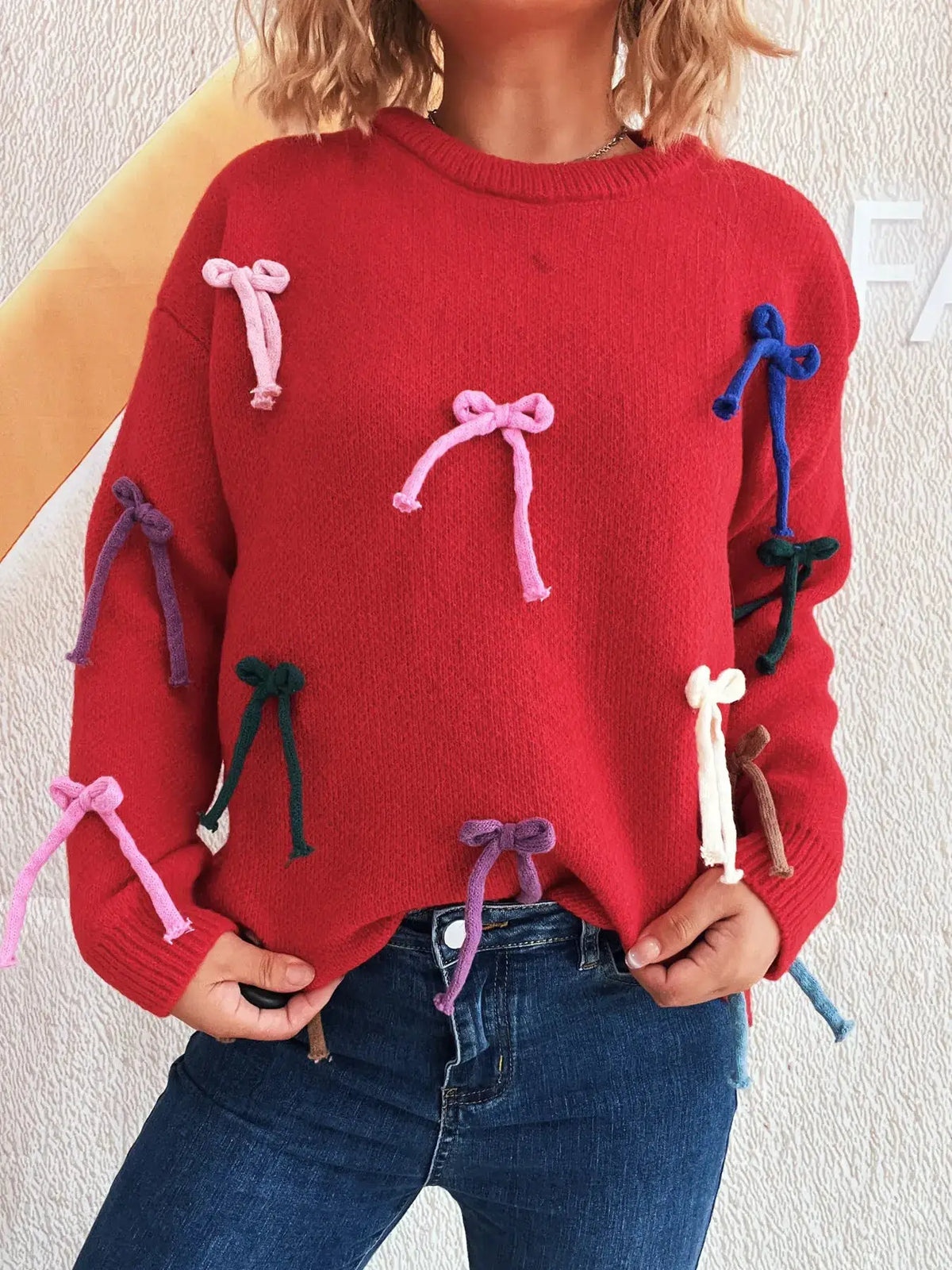 Vibrant Bow Accent Round Neck Sweater for Women, red pullover with allover multicolor bow details
