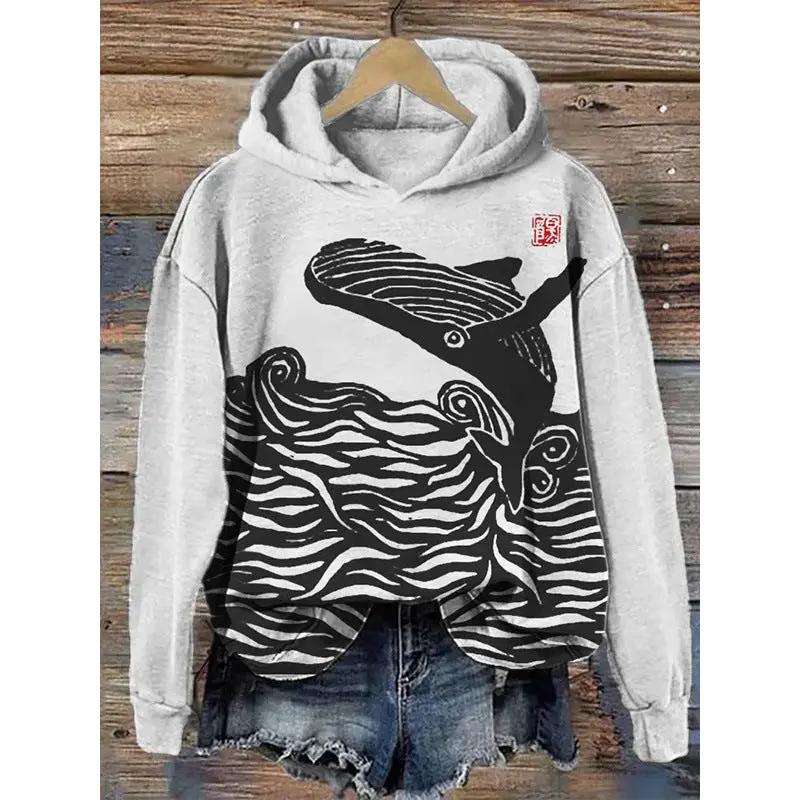 Womens AdTec gray hooded long-sleeve sweatshirt with large black ocean wave graphic.