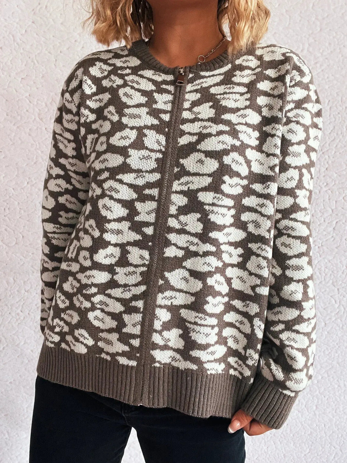 Trendsi zip-up cardigan; brown and cream leopard knit, long sleeves, ribbed cuffs and hem