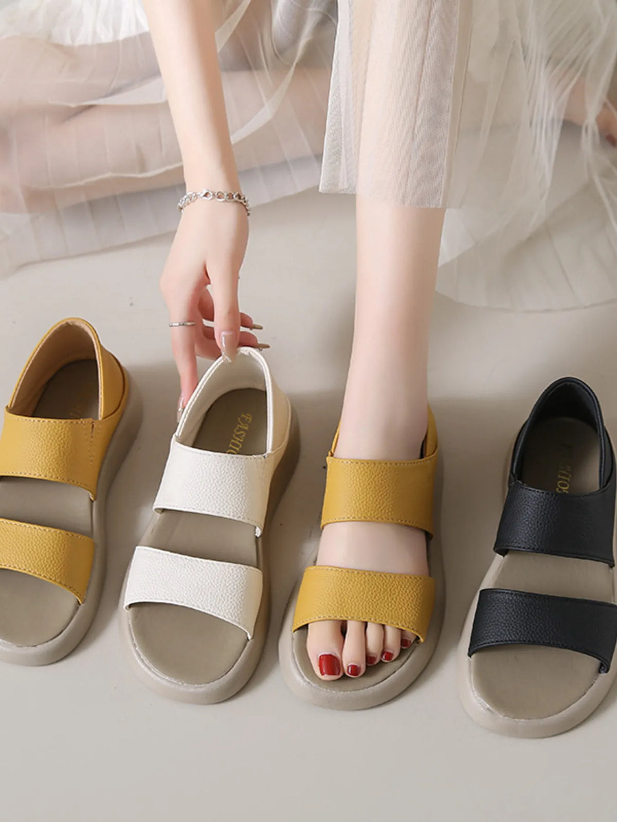 Open toe platform sandals with pebbled straps; four pairs shown in yellow, white, and black by Trendsi
