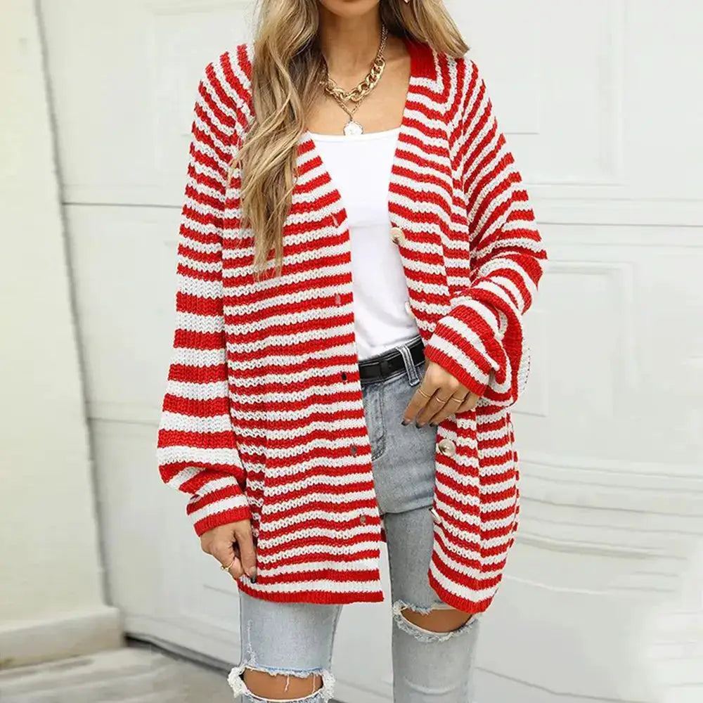 Premium striped button-front cardigan in red and white, soft stretchy knit, oversized fit.