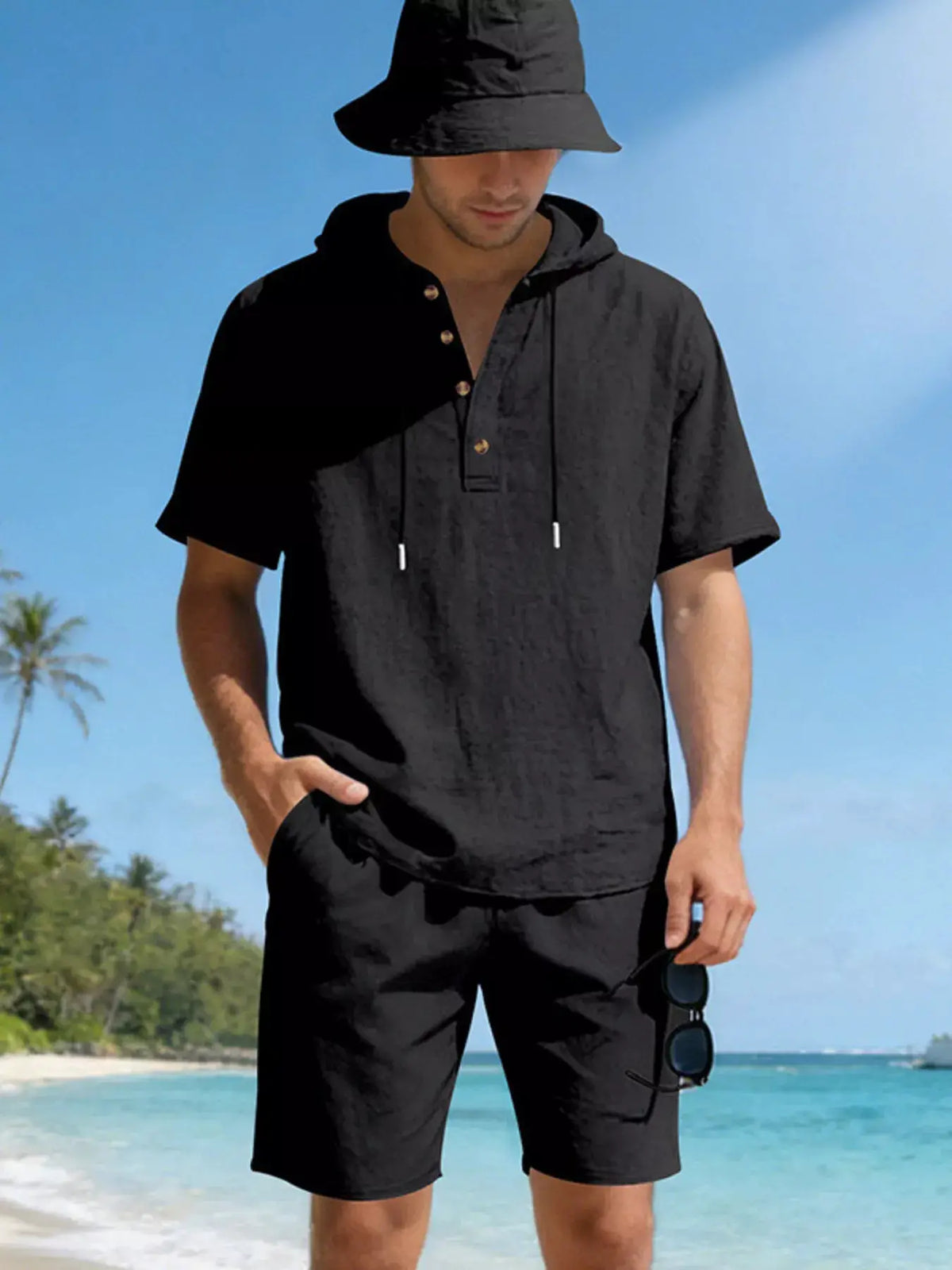 Mens linen-blend hooded top and shorts 2-piece set in black