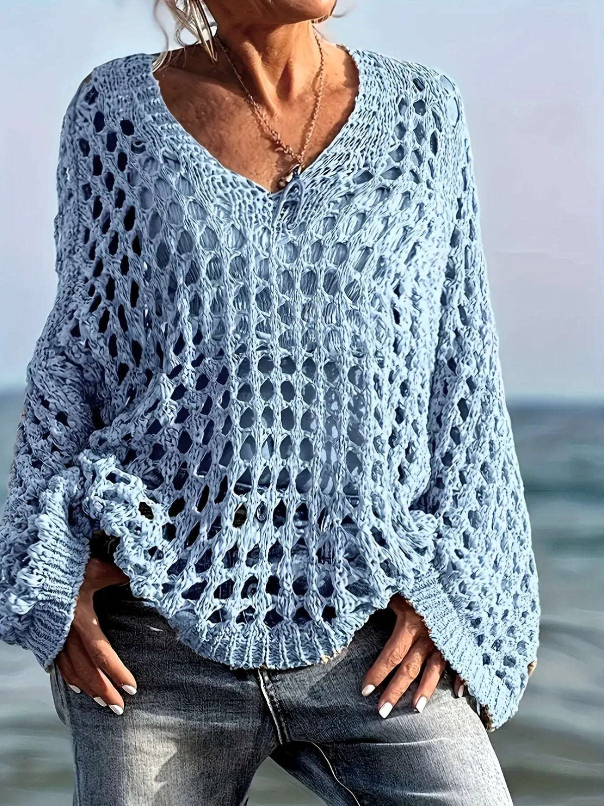 Crochet knit cover-up, light blue oversized long-sleeve beach cardigan