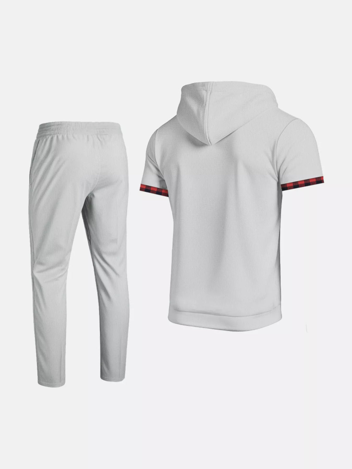 Two-piece mens lounge set in light gray: short-sleeve hooded top with red plaid trim and matching pants