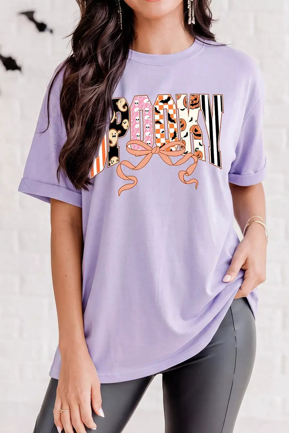Halloween Spooky Letter Graphic Round-Neck T-shirt in lavender with pink bow and patterned letters, short sleeves