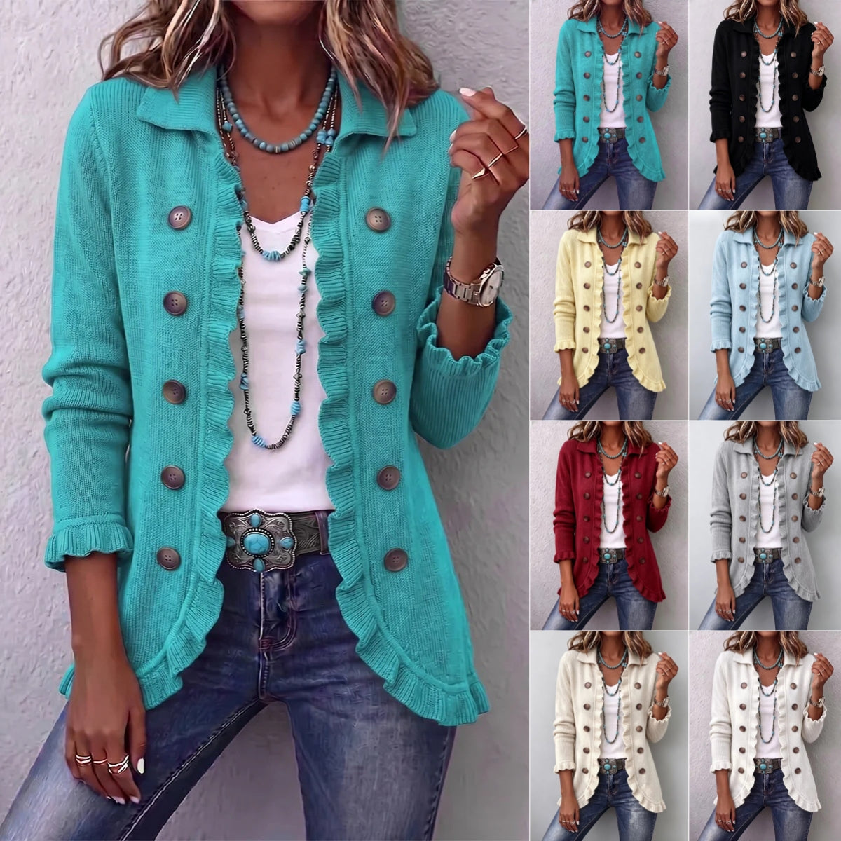 Long elegant women's cardigan by AdTec in turquoise with large buttons, shown in multiple colors.