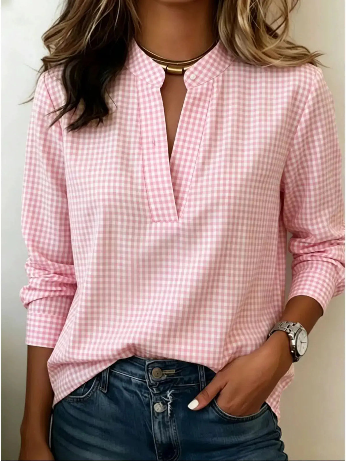 Plus-size pink gingham plaid notched long-sleeve blouse by Trendsi