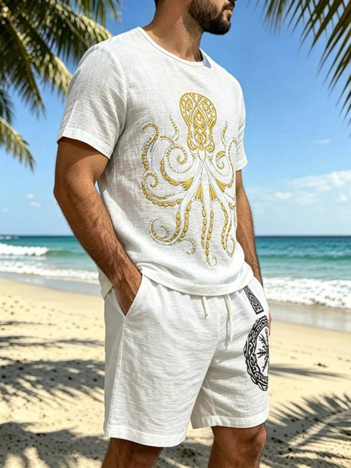 Mens white two-piece loungewear set with gold octopus graphic tee and drawstring shorts, plus size, Trendsi.