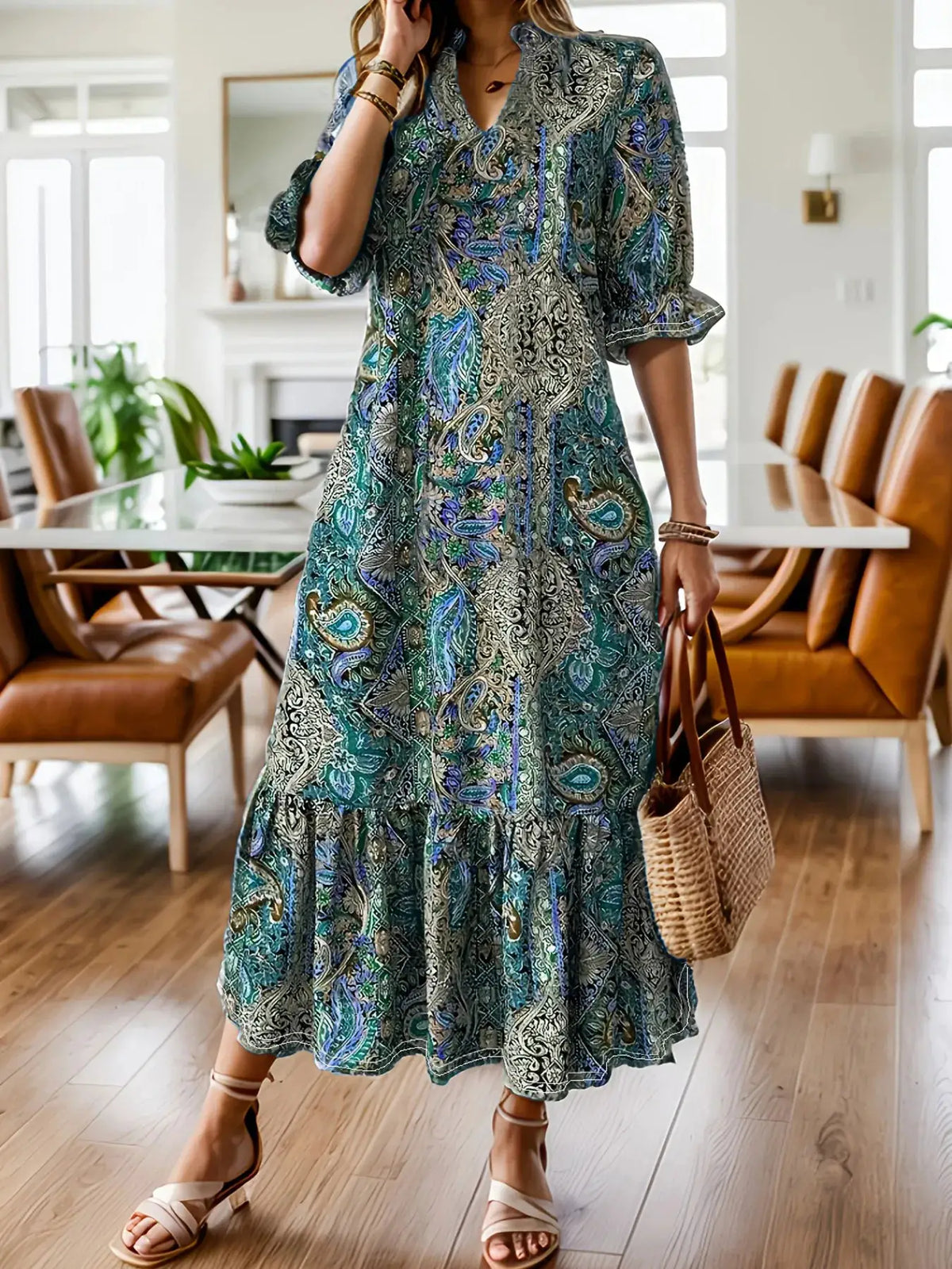 Bohemian paisley print midi dress, plus size, teal and blue with ruffle hem