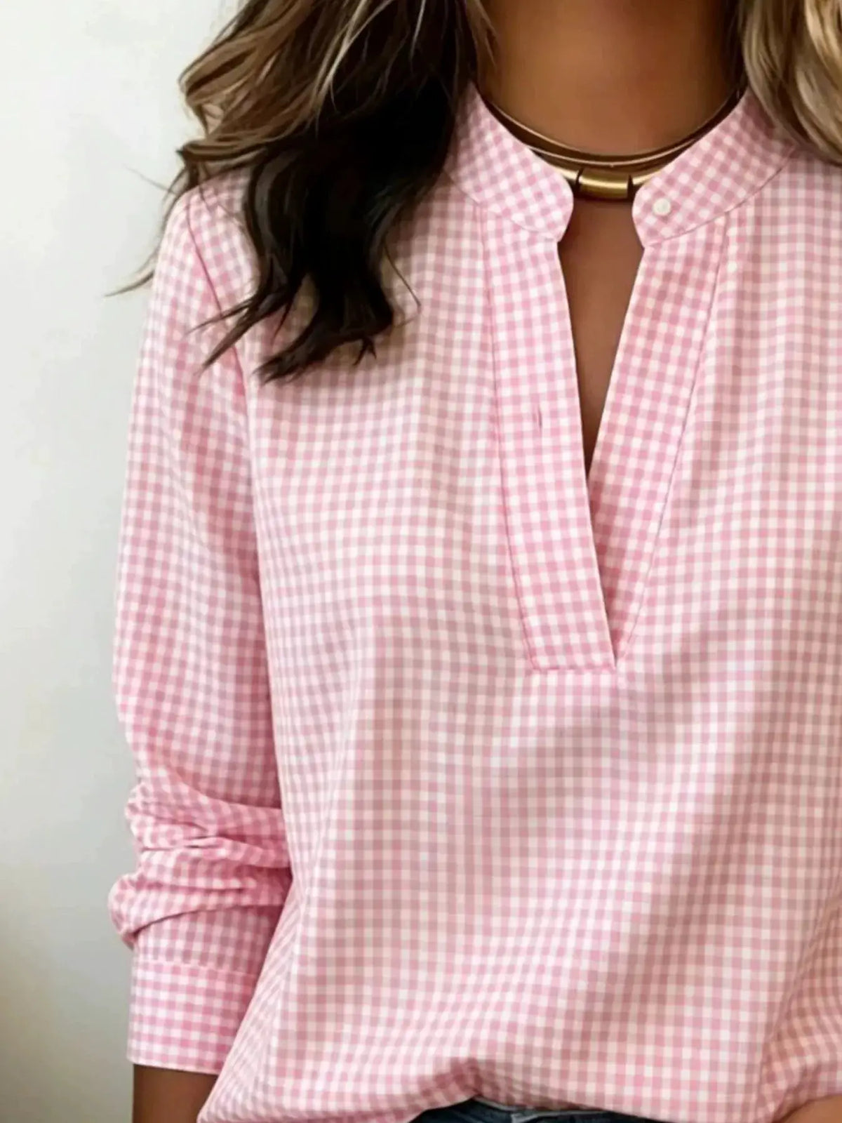 Plus-size pink gingham notched-neck long-sleeve blouse