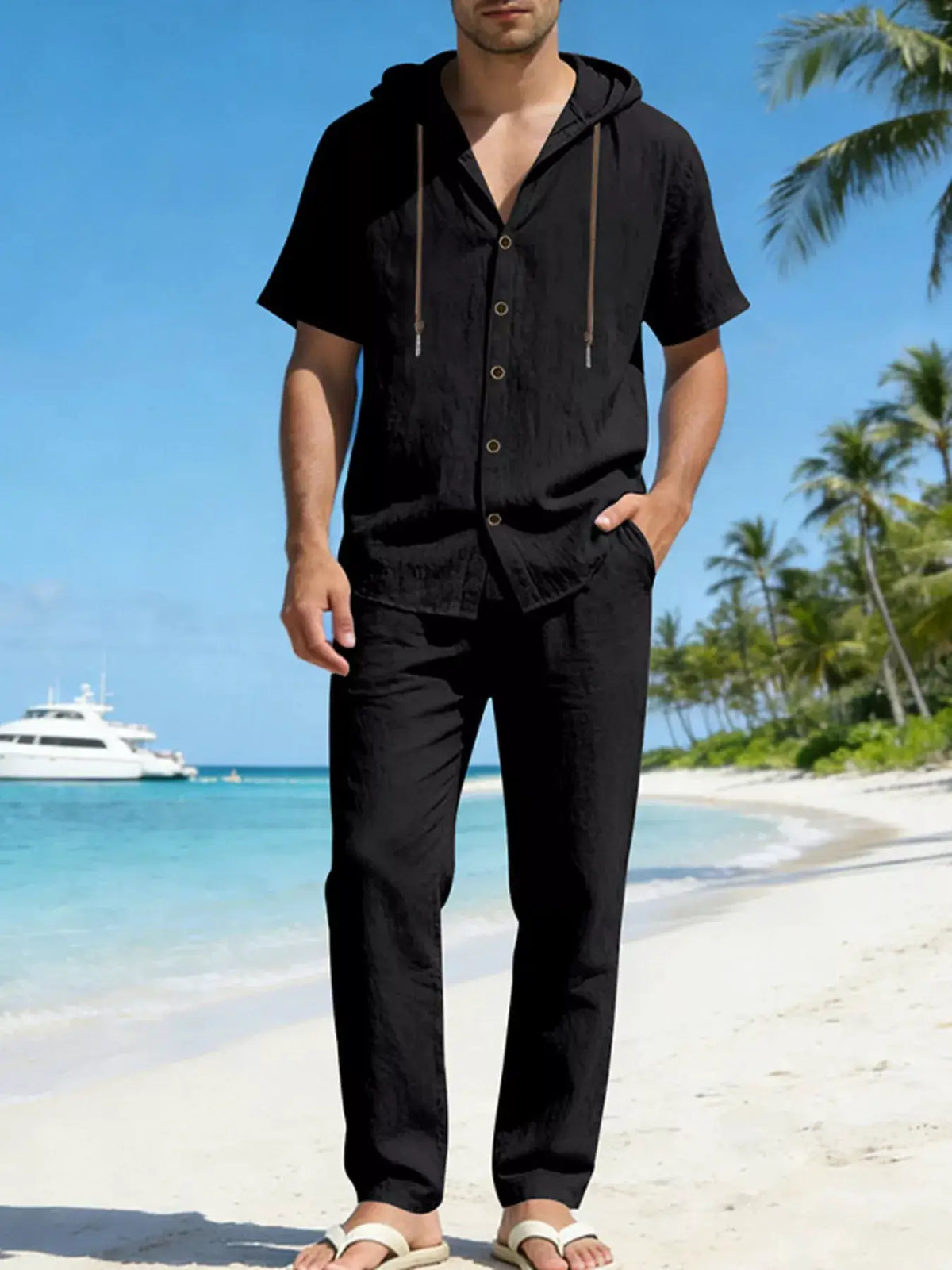 2-piece Men’s black breathable linen hooded button-up top and pants set, plus size, beach scene