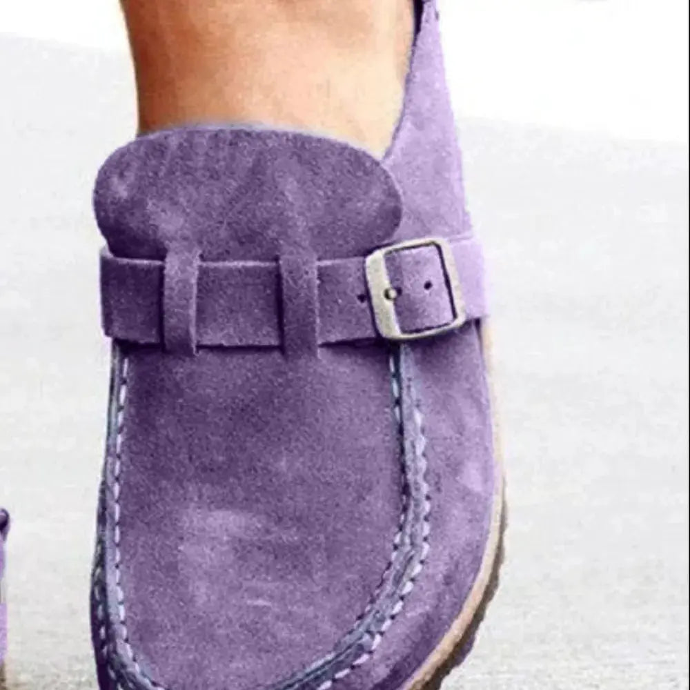 Round Toe Low Heel Buckle Loafers in purple suede by Trendsi