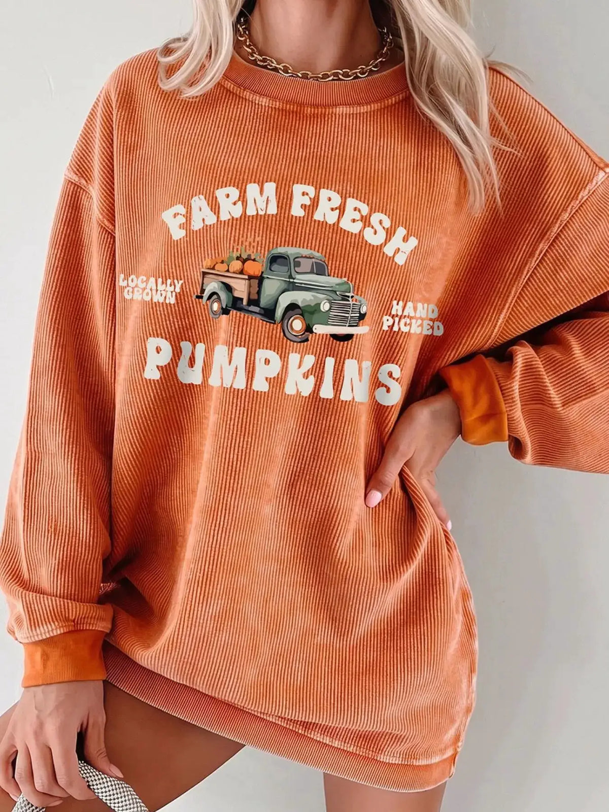 Corded ribbed orange Farm Fresh Pumpkins graphic sweatshirt by Trendsi