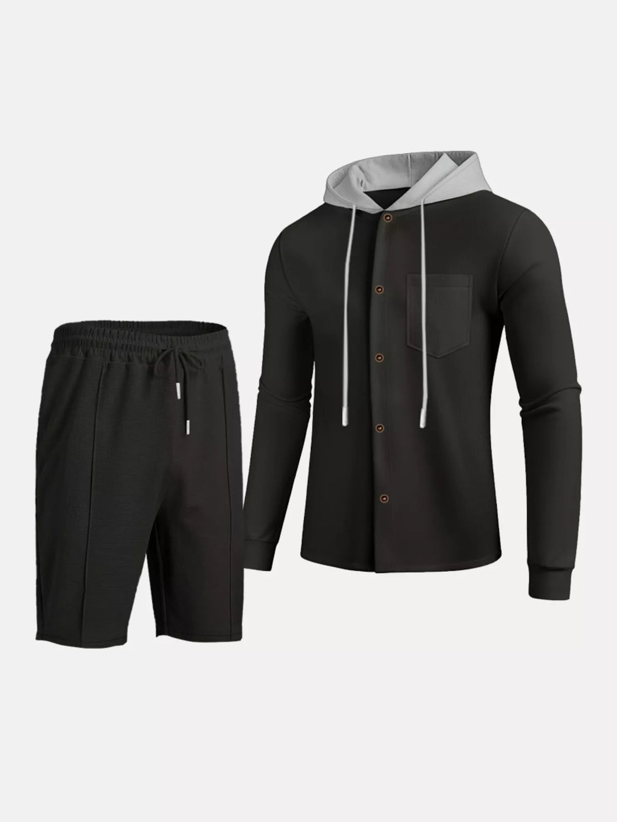 Men's plus-size black hooded button-up top with chest pocket and matching drawstring shorts