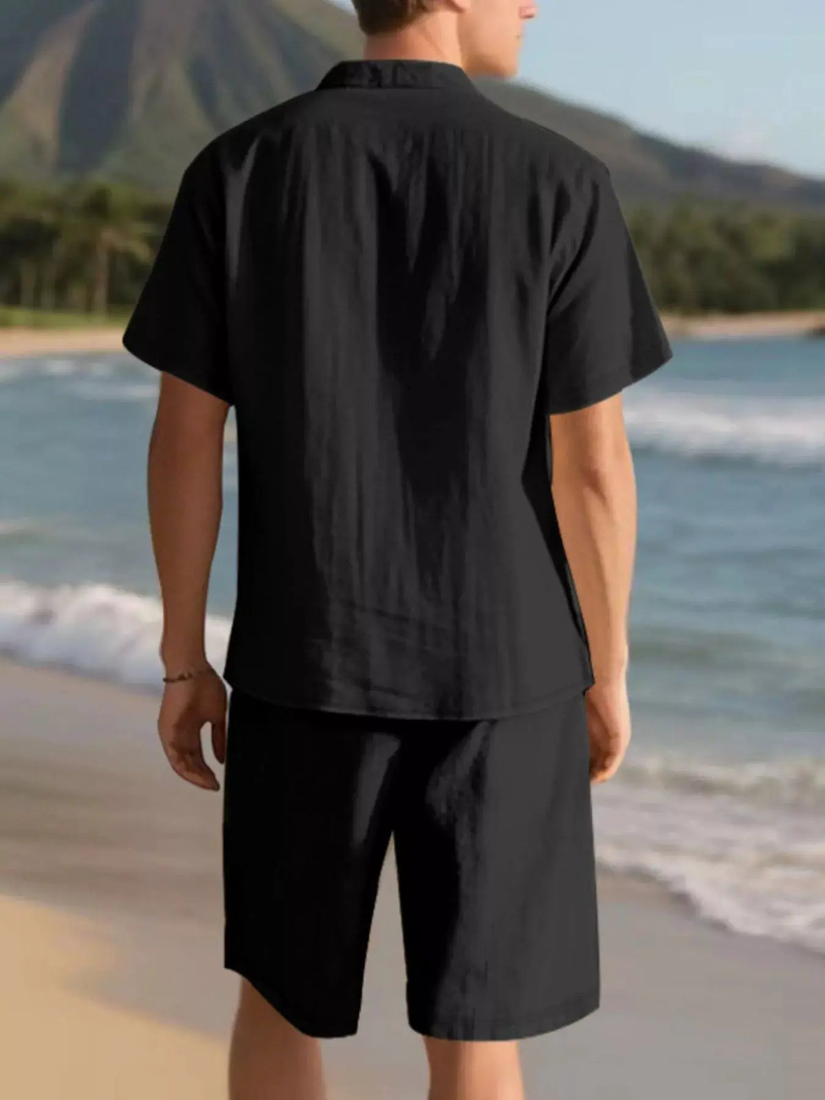 Mens Plus Size Casual Button Up Shirt and Shorts two-piece set in black, beach backdrop