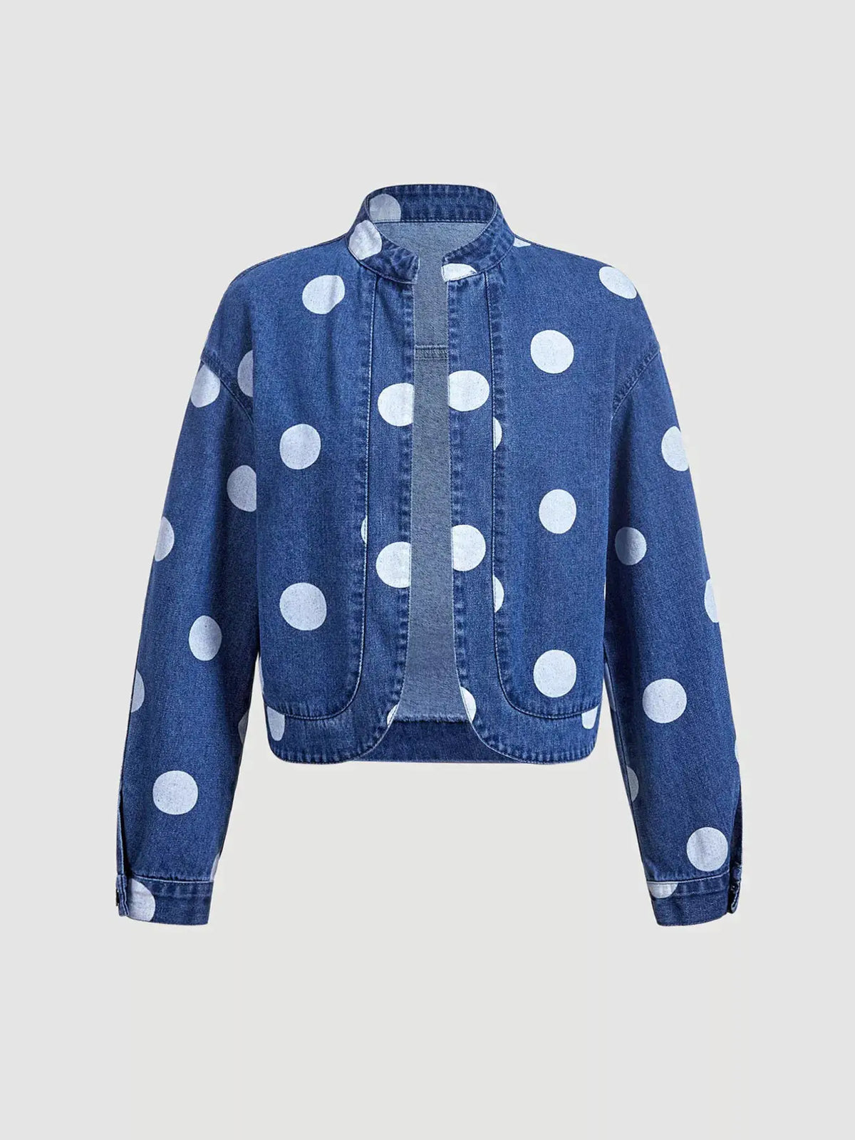Womens cropped blue denim jacket with white polka dots, open-front design