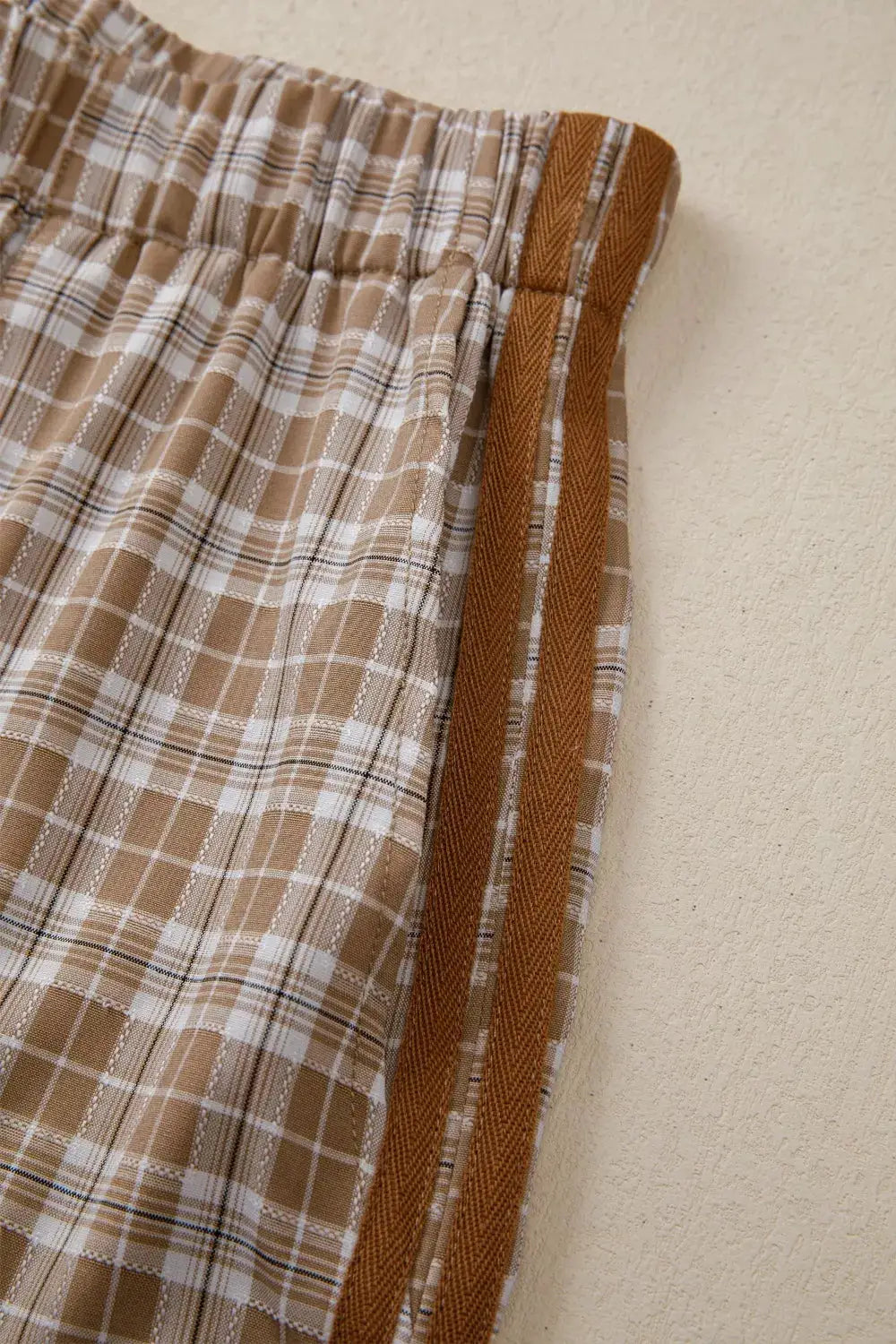 Plaid Print Tie Detail Casual Pants with elastic waistband in beige and brown tones