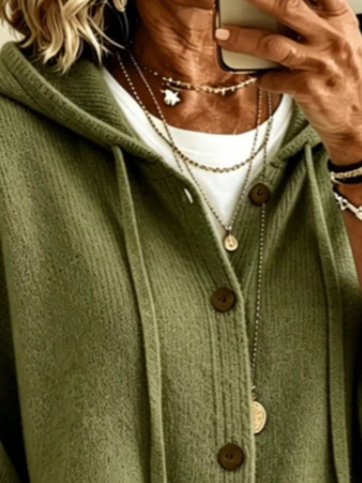 Full Size Casual Hooded Button-Down Knit Cardigan in olive green with ribbed knit and wooden buttons
