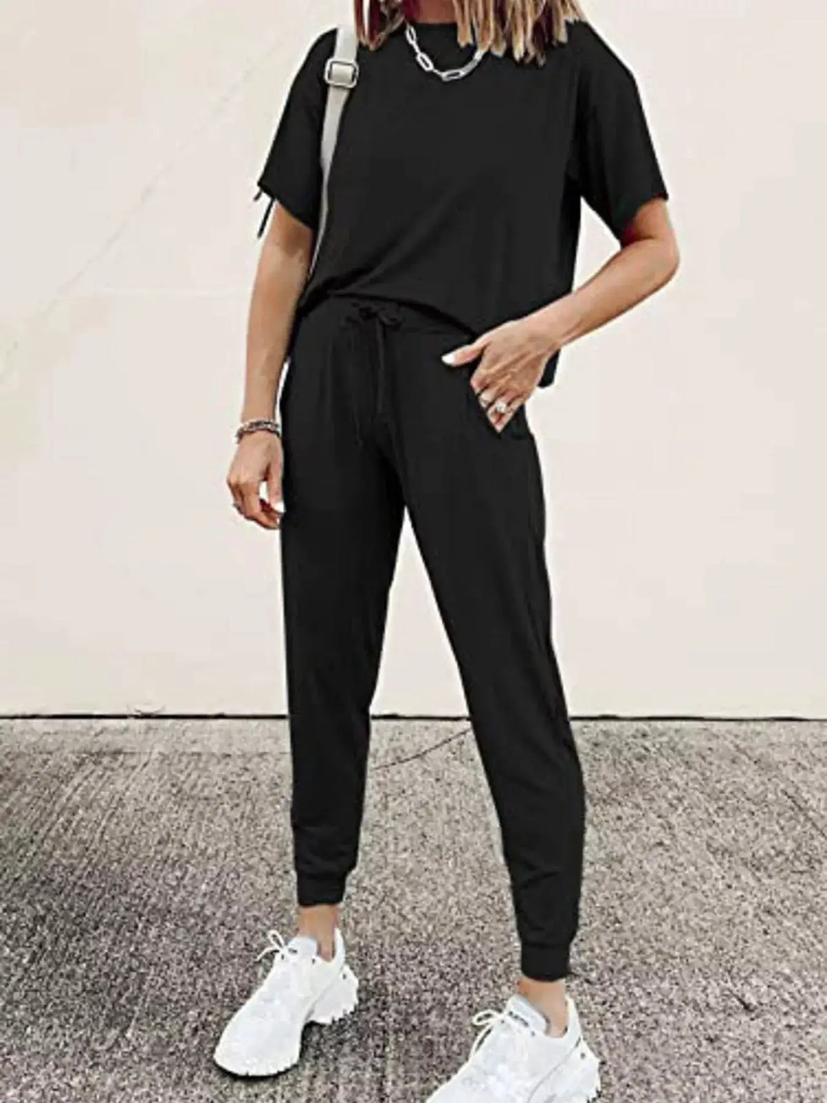 Full Size Round Neck Top and Drawstring Pants Set Plus Size by Trendsi, black loungewear