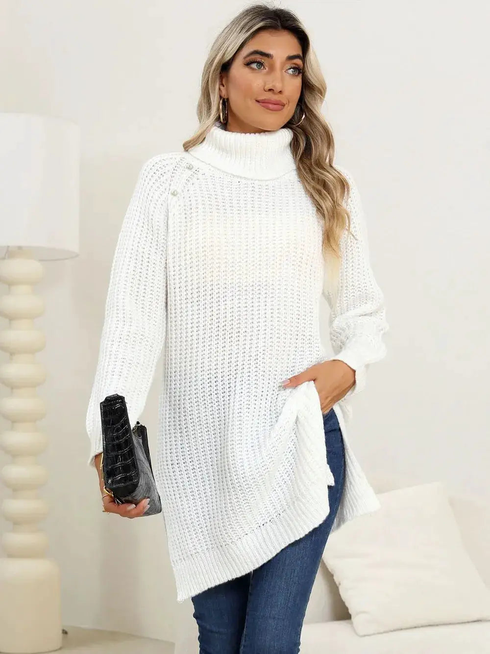 Womens white slit-hem turtleneck knit pullover sweater by Trendsi
