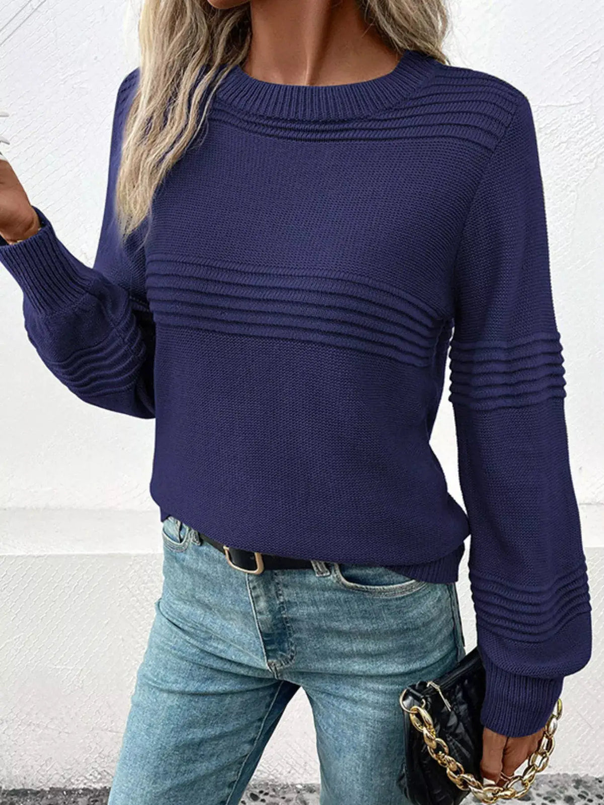 Cozy acrylic round-neck long-sleeve navy blue sweater with stretch fit