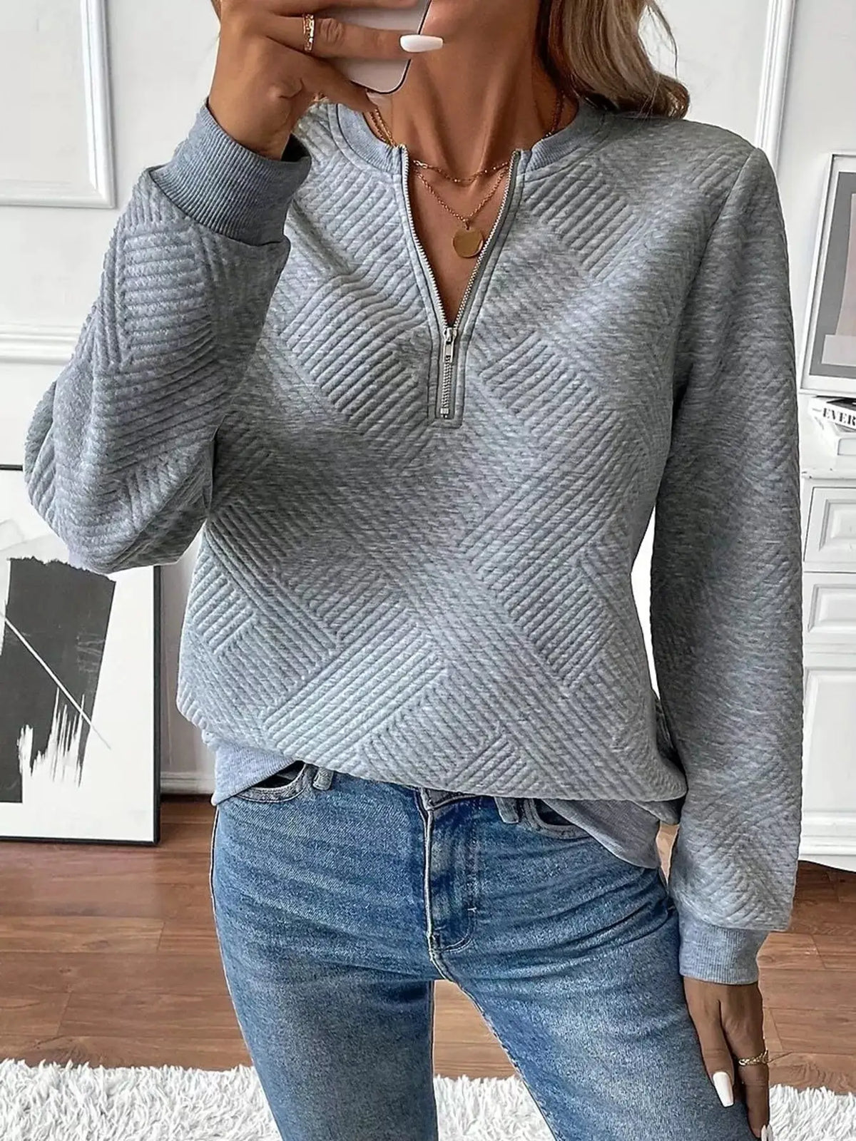 Textured quarter-zip sweatshirt, gray heather diagonal quilted fabric, Trendsi
