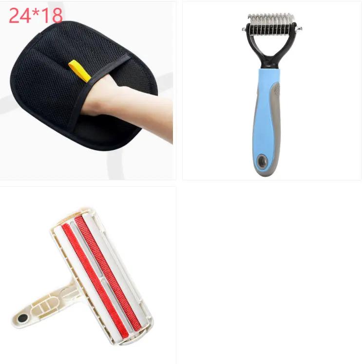 Pet hair remover set by AdTec: black deshedding glove, blue brush, and red lint roller - 3 pieces