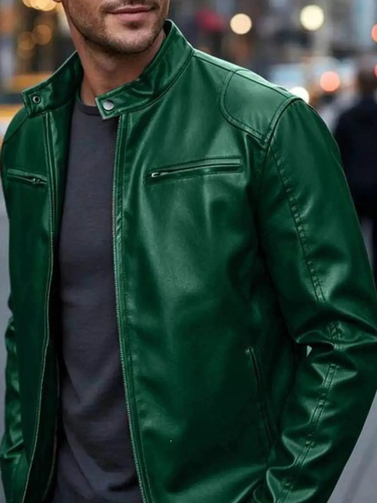Men's green faux leather bomber jacket with zip pockets, plus size