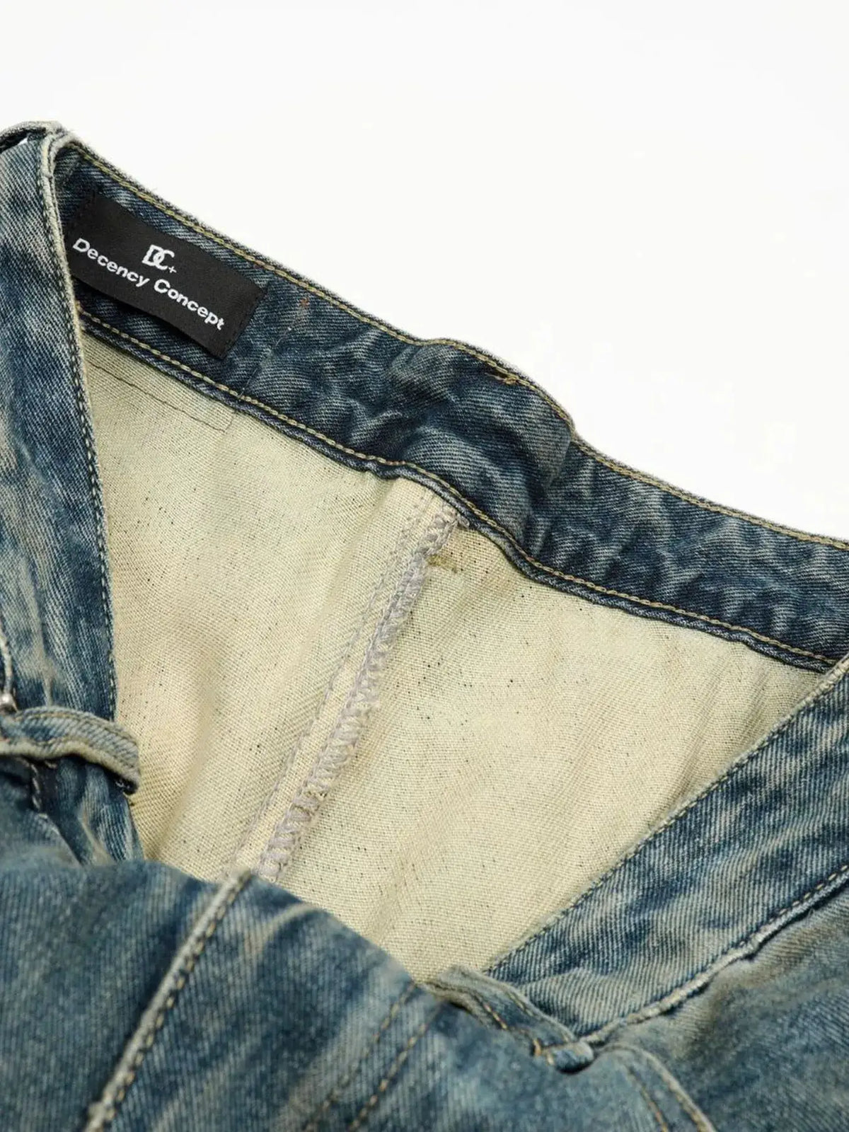 Men's Distressed Camo Patchwork Denim Shorts, blue denim, relaxed fit with Decency Concept label