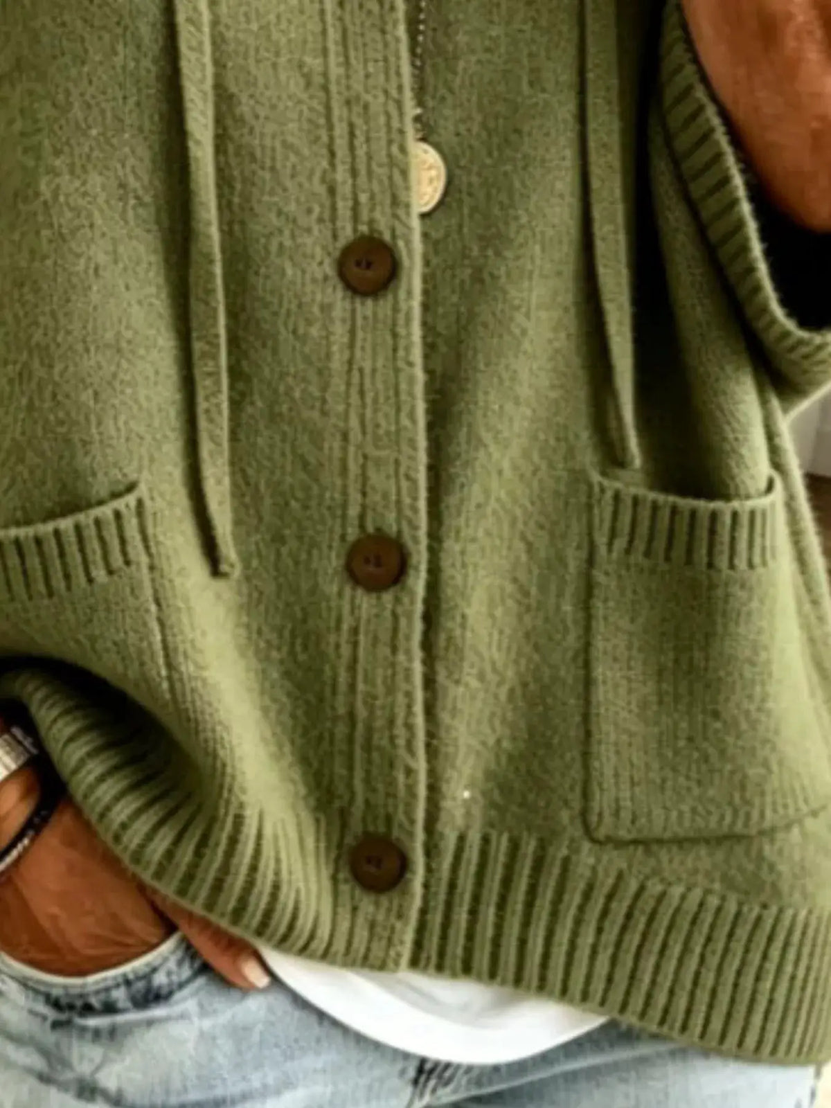 Full Size Casual Hooded Button-Down Knit Cardigan in olive green by Trendsi with front pockets and brown buttons