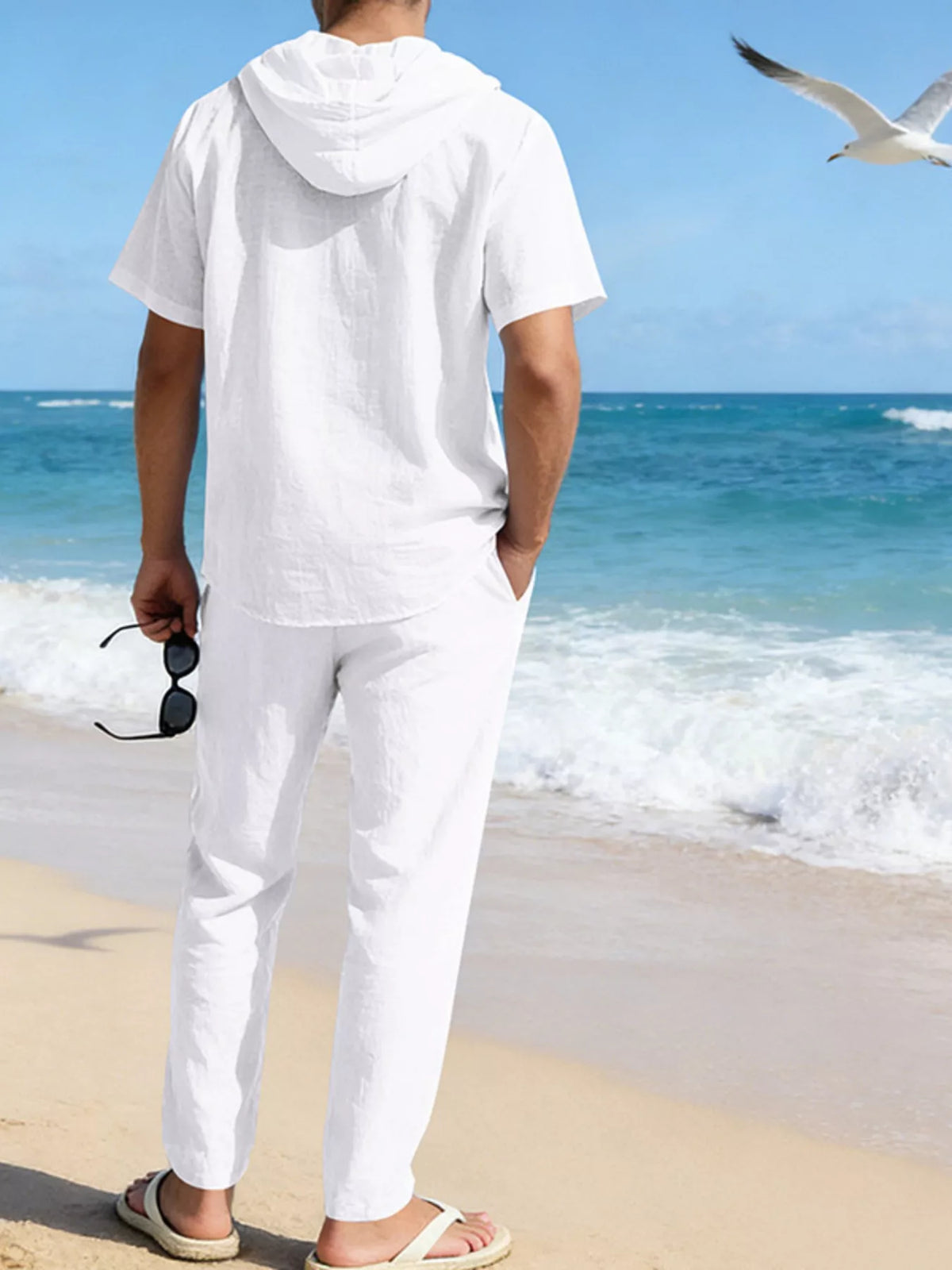 Mens linen button-up hooded top and pants set, white, plus size by Trendsi