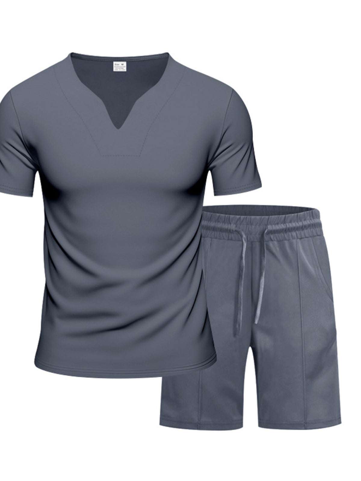 Men's plus-size gray V-neck short-sleeve T-shirt and matching drawstring shorts set