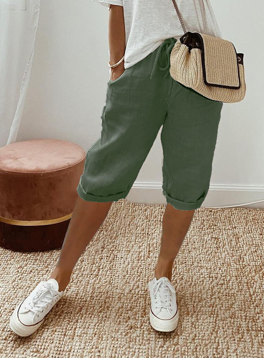 Shorts décontractés en coton et lin avec poches et taille élastique pour femme