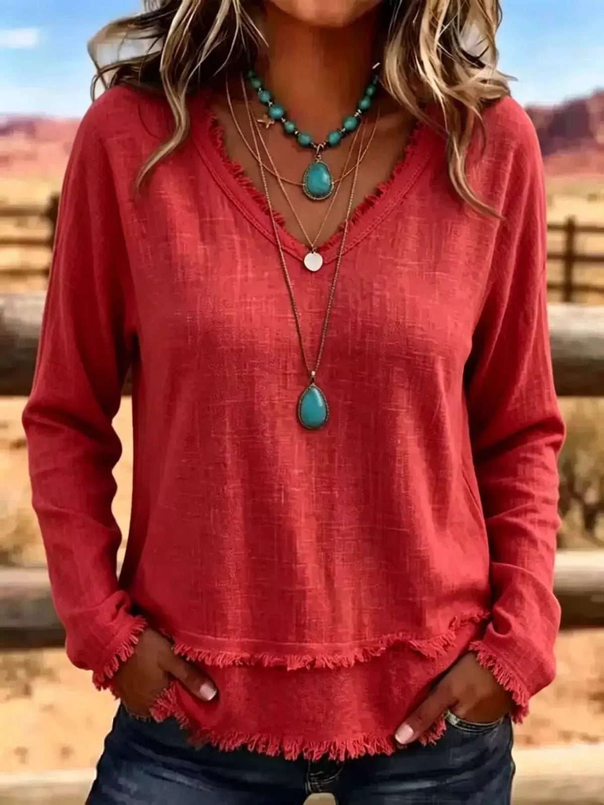 V-Neck Frayed Hem Long Sleeve T-Shirt in red, casual everyday top.