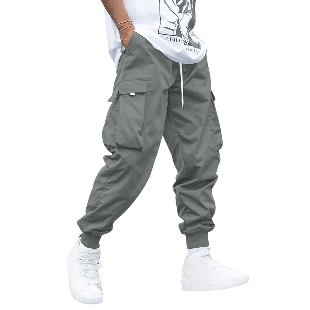 Men's multi-pocket cargo pants with drawstring waist in grey by AdTec