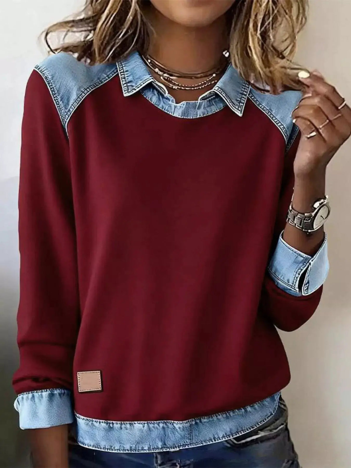 Classic Plus Size Long Sleeve Top with Denim Trim Overlay in burgundy with light denim collar and cuffs
