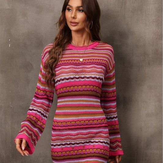 Vestido de punto patchwork calado para mujer