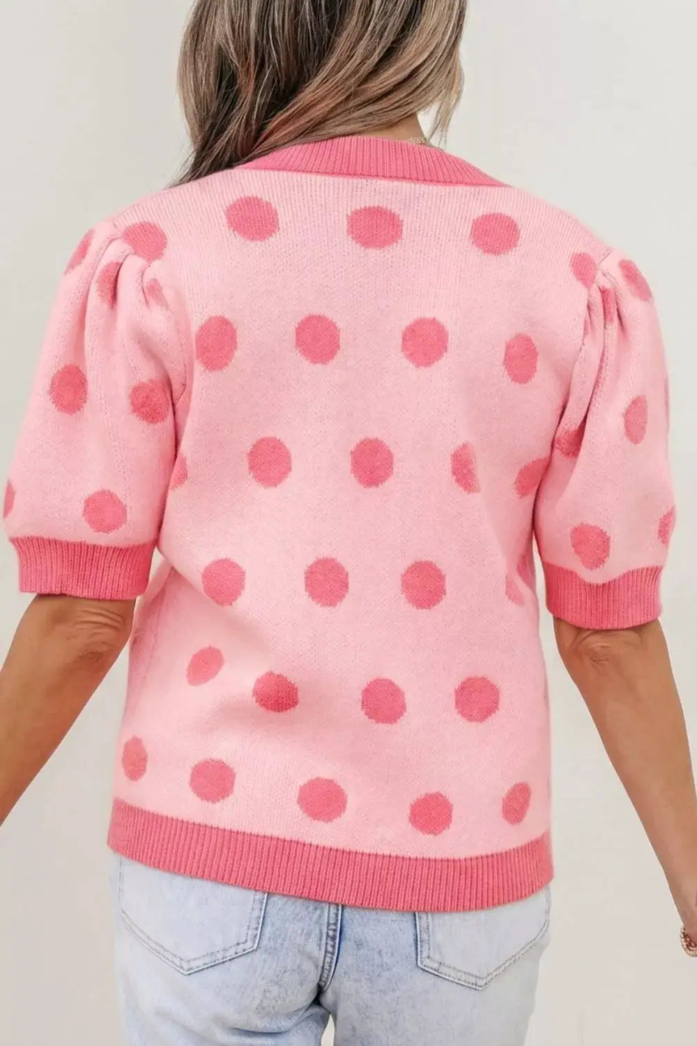 Chic pink polka-dot puff-sleeve knit sweater top with gentle stretch by Trendsi