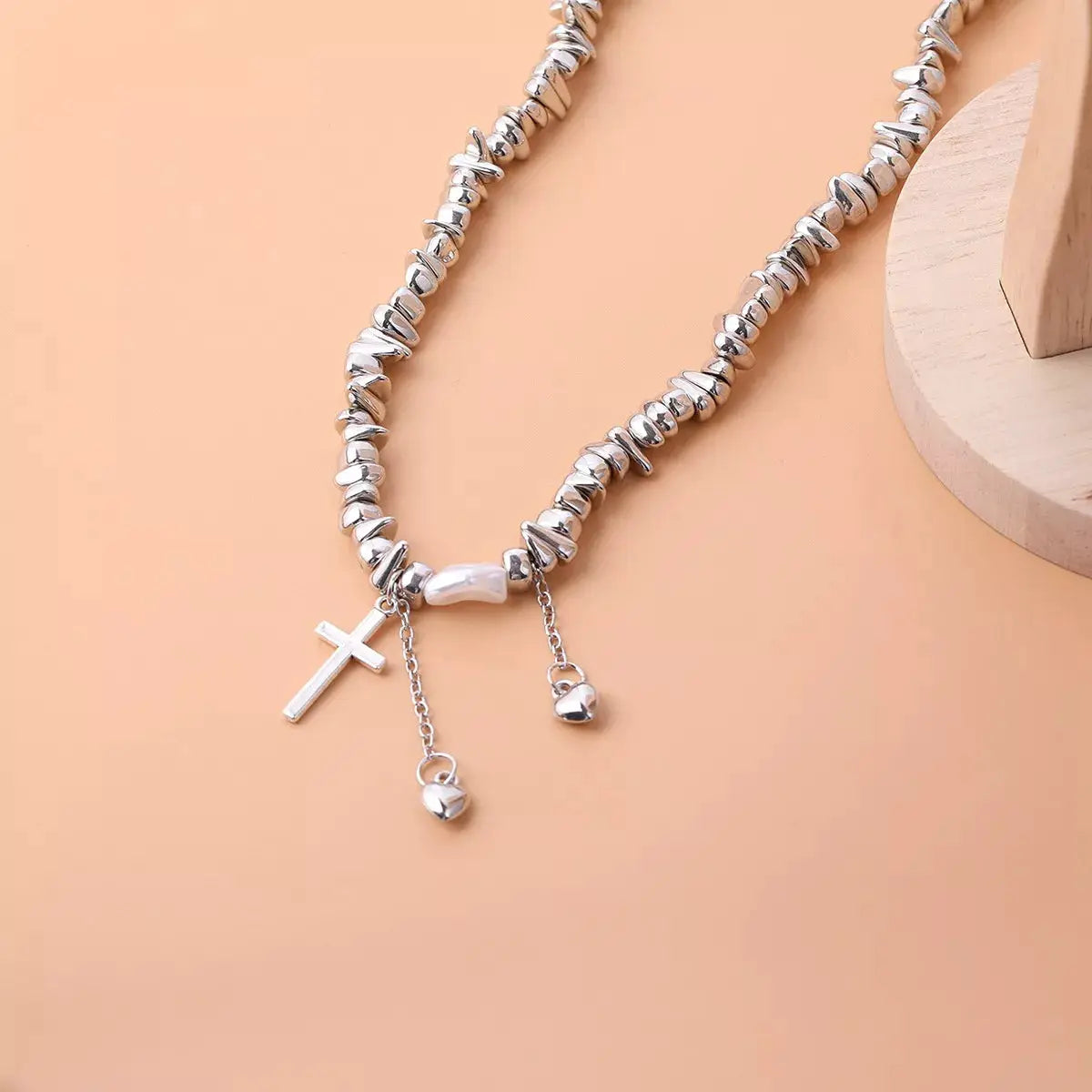 Chunky chain cross pendant necklace, silver-tone with dangling bead charms