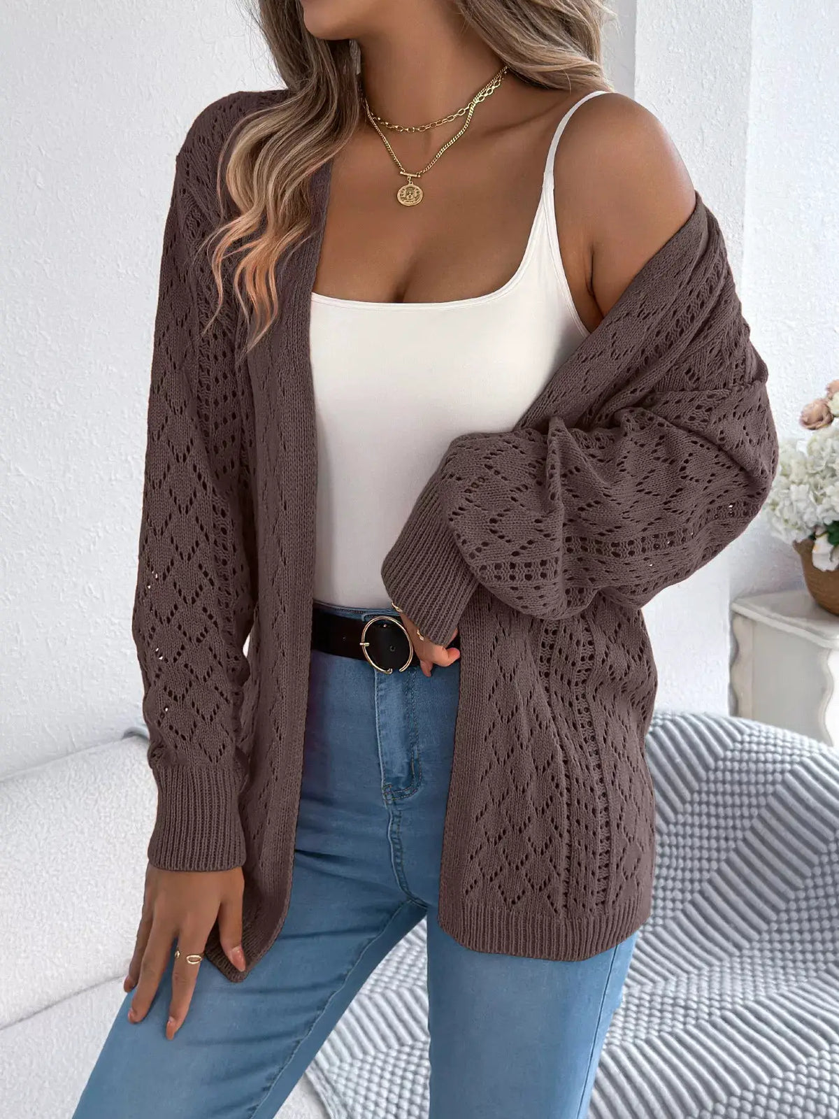 Openwork long sleeve cardigan for women in brown, open-front knit by Trendsi.