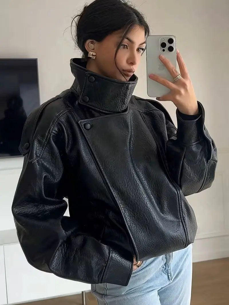 Women's stand-collar PU leather jacket by AdTec, black, loose oversized fit.